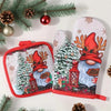 Festive Christmas insulated oven mitts featuring a Santa and snowman design on a red fabric