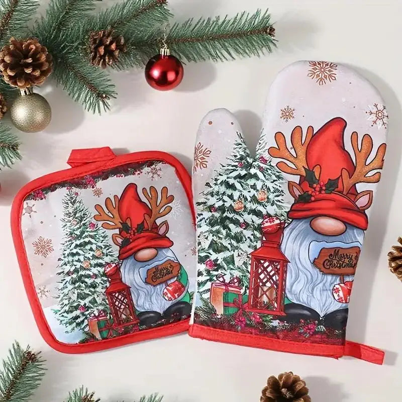 Festive Christmas insulated oven mitts featuring a Santa and snowman design on a red fabric