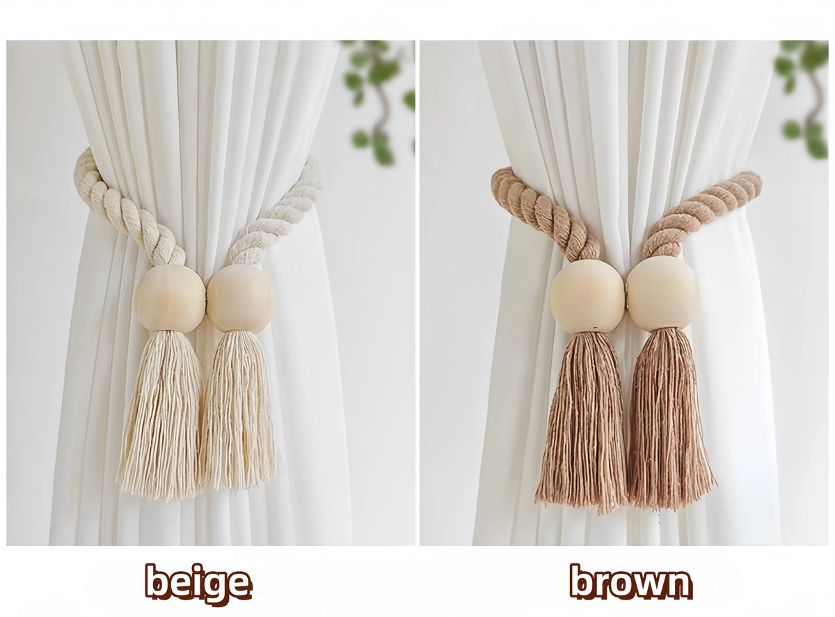 Hand-woven wooden curtain tiebacks in beige and brown colors displayed against a white curtain.