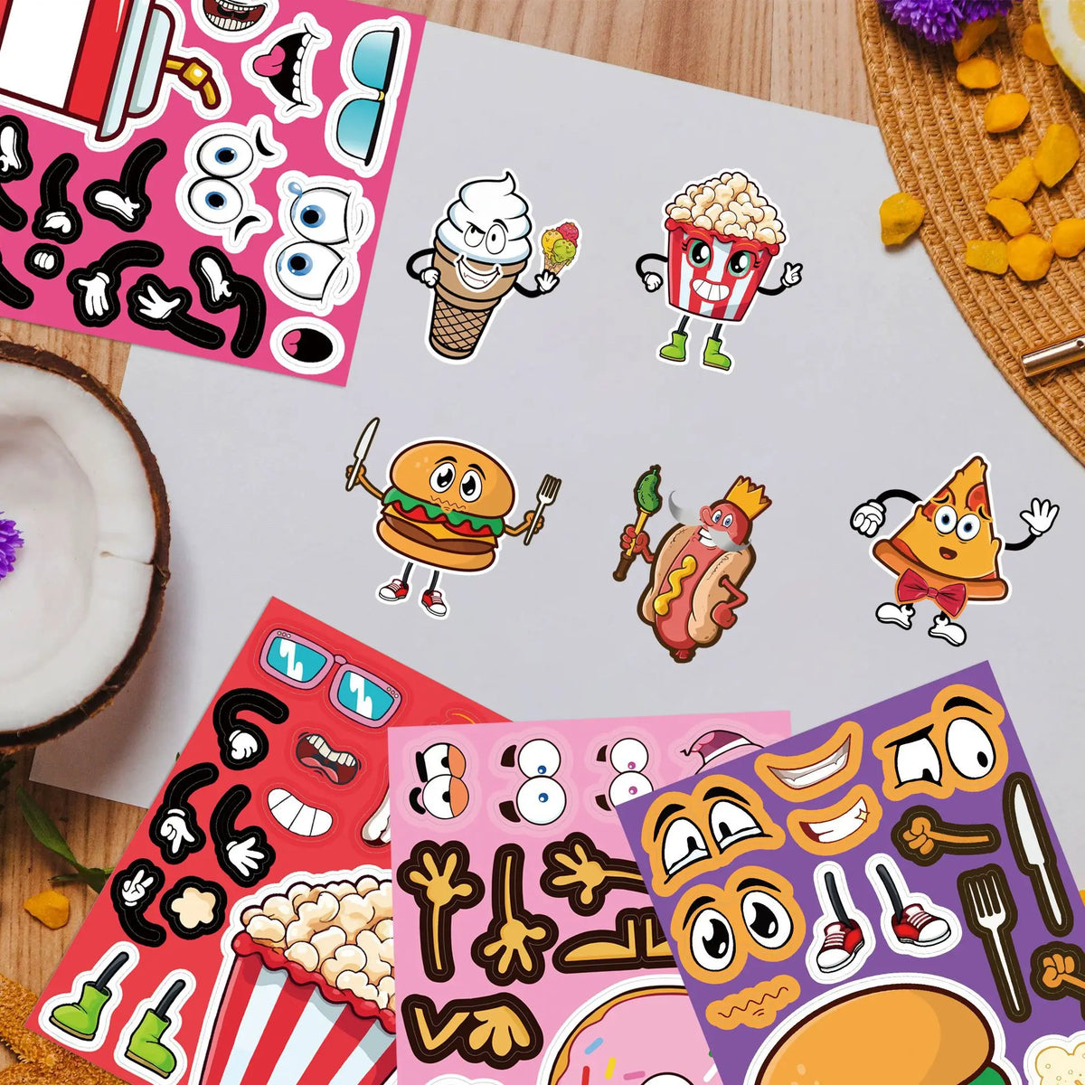 A collection of colorful, fun face-changing DIY stickers featuring food items like ice cream, popcorn, and hamburgers.