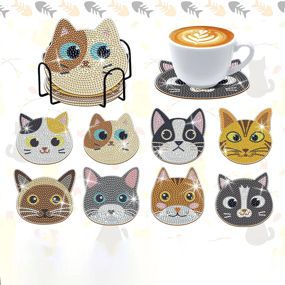 A set of diamond painting coasters featuring various cat faces and a cup with latte art.