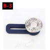 A dark blue metal button extender for pants and jeans with a silver button.