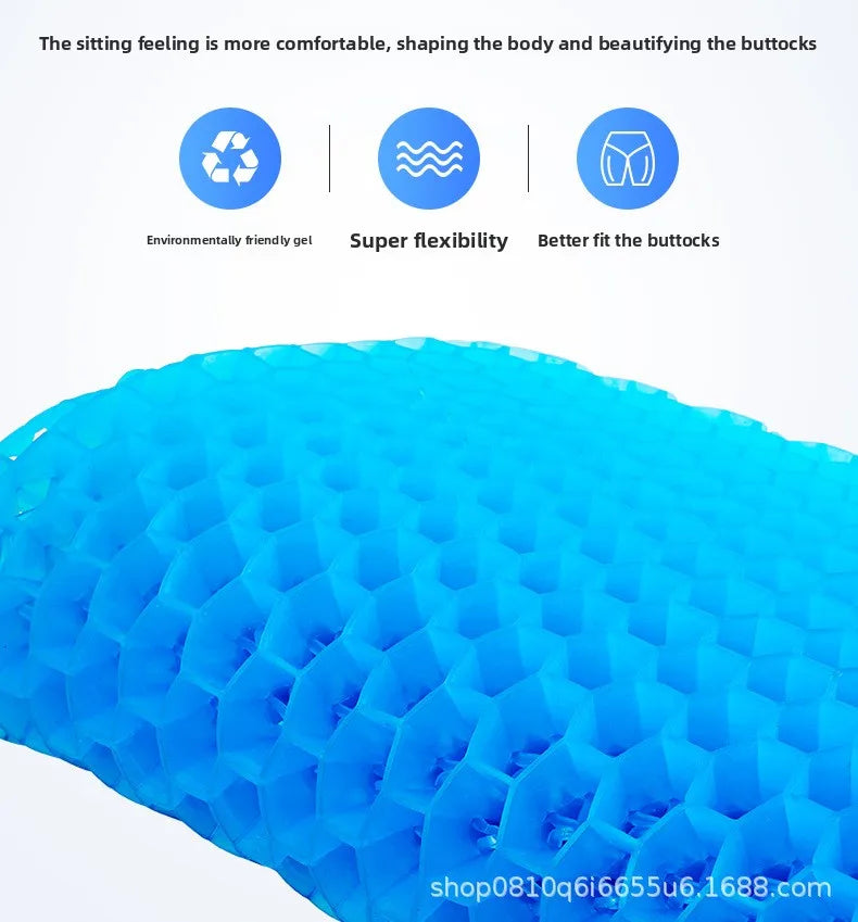 A bright blue ergonomic cooling seat cushion with a honeycomb texture.