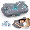 Gray ergonomic memory foam neck pillow with a light blue silk-touch cover shown next to ice cubes and in use.
