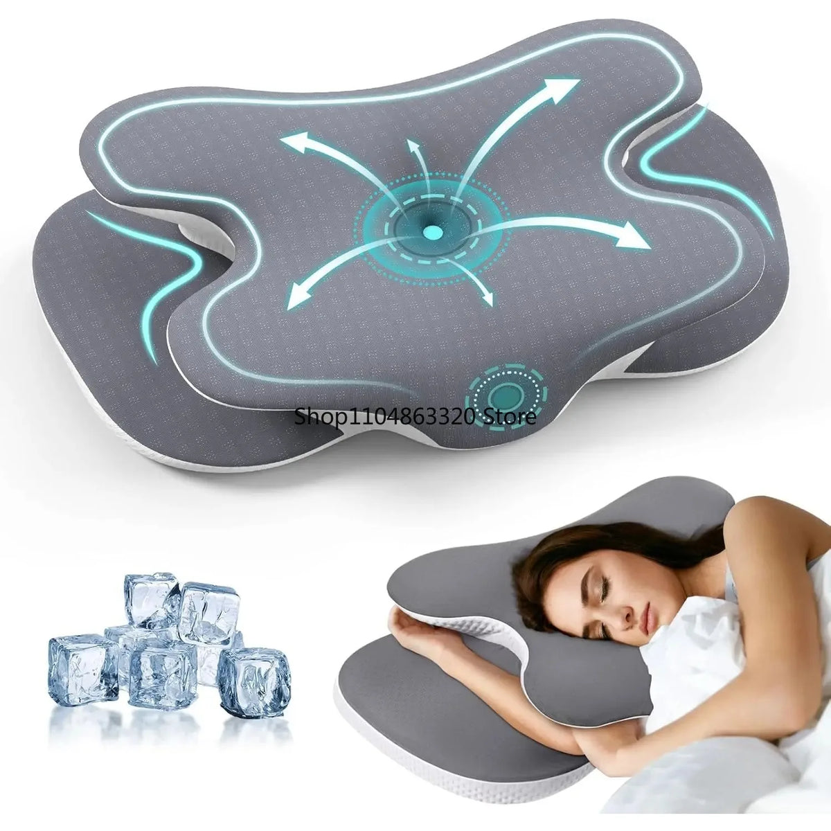Gray ergonomic memory foam neck pillow with a light blue silk-touch cover shown next to ice cubes and in use.