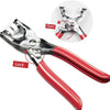 A pair of red-handled precision snap fastener pliers shown with an inset diagram illustrating the open and locked positions.