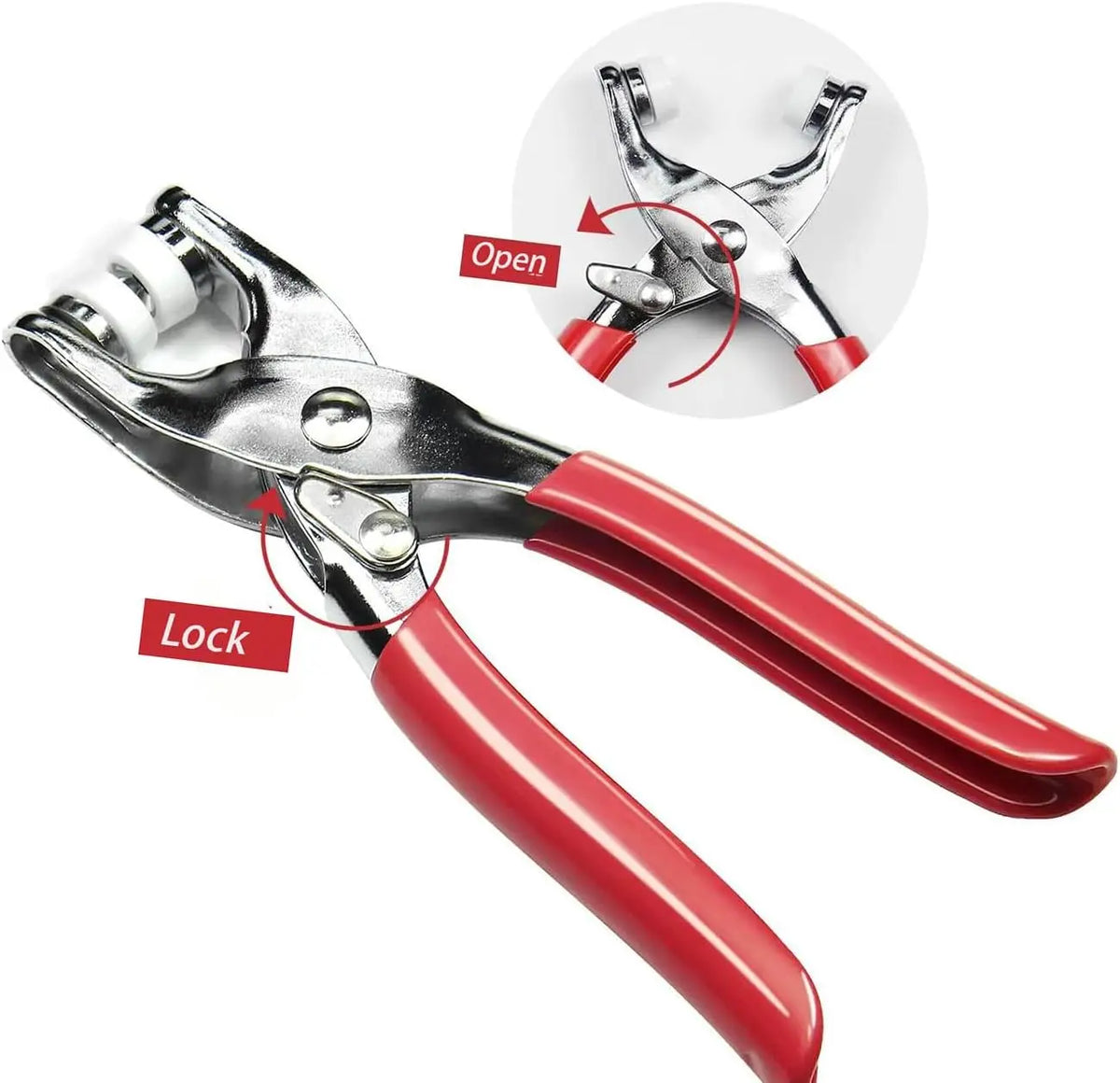 A pair of red-handled precision snap fastener pliers shown with an inset diagram illustrating the open and locked positions.