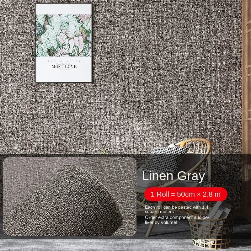 A roll of self-adhesive 3D thermal insulation wallpaper with a linen texture in gray.