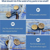 A three-step guide showing how to use adjustable buttons to extend the waist of jeans.