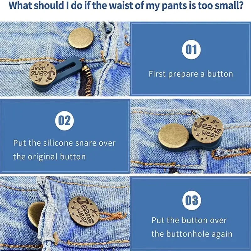A three-step guide showing how to use adjustable buttons to extend the waist of jeans.