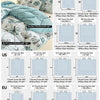 Sizing reference chart showing dimensions for various bed sizes including duvet covers and pillow shams.