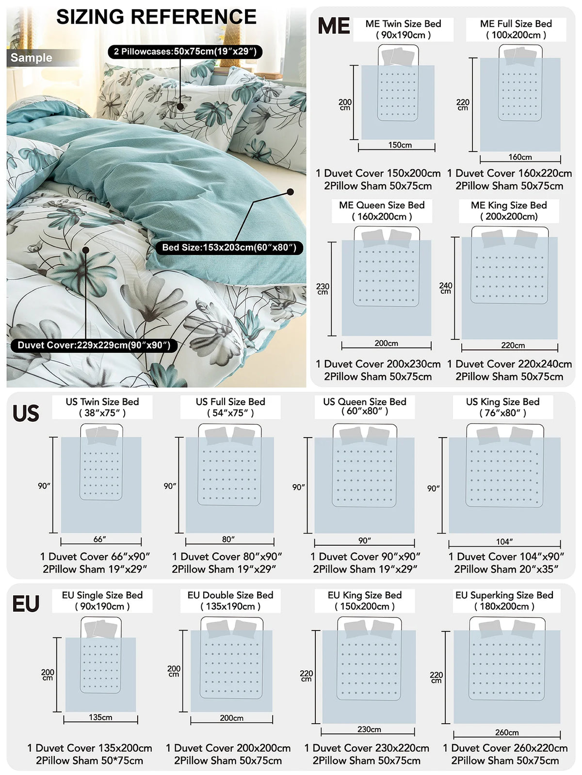 Sizing reference chart showing dimensions for various bed sizes including duvet covers and pillow shams.