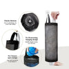 Various views of a black mesh hanging trash bag designed for kitchen and bathroom organization.