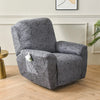 A gray floral print recliner and sofa slipcover set displayed on a wooden floor.