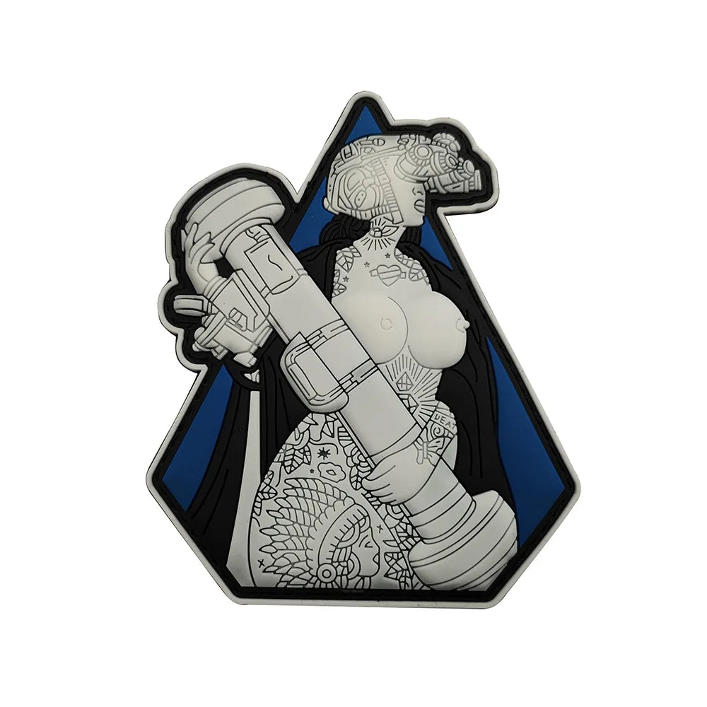 A black and white graphic of a woman with a skull design and a biker's pipe, set against a dark blue background.