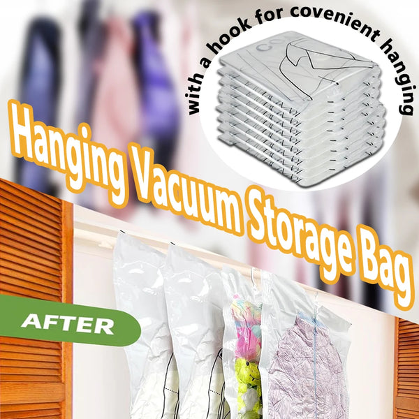 A hanging vacuum storage bag filled with clothing, demonstrating the storage method.