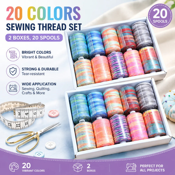 A set of 20 colorful sewing threads in 2 boxes with spools, scissors, and measuring tape for crafting projects