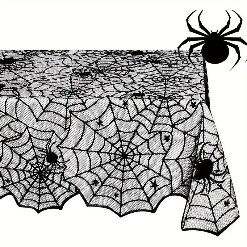 Black spider web lace table runner for Halloween featuring intricate spider webs and a black spider