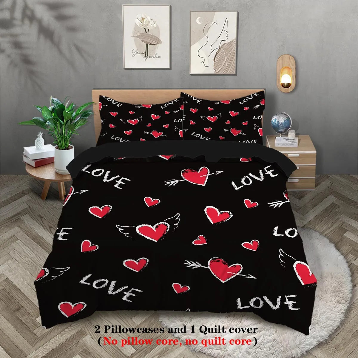 Black duvet cover with red heart patterns and two pillowcases displayed on a bed.