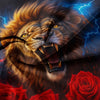 A fierce lion's face with glowing blue lightning and red roses.