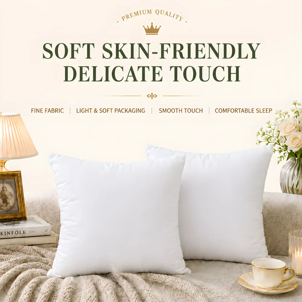 A white square cushion insert for throw pillows is displayed on a beige textured fabric with a cup and some books.