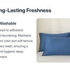 A set of solid blue pillows resting on a white bed with a light background.