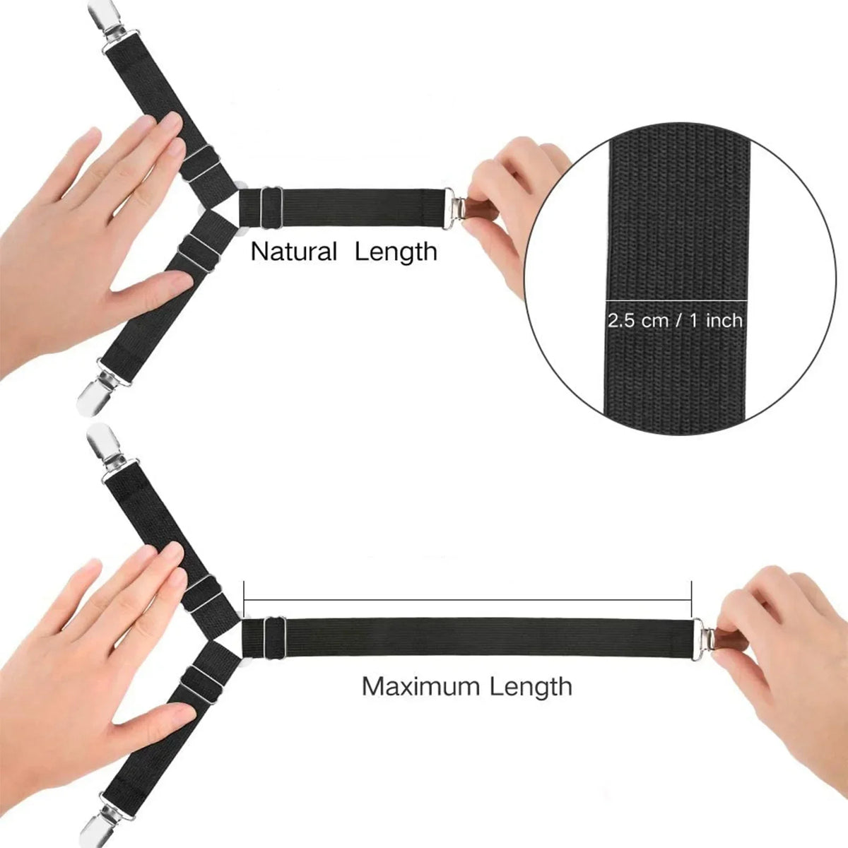 Hands demonstrate the natural and maximum length of adjustable bed sheet grippers with clips.