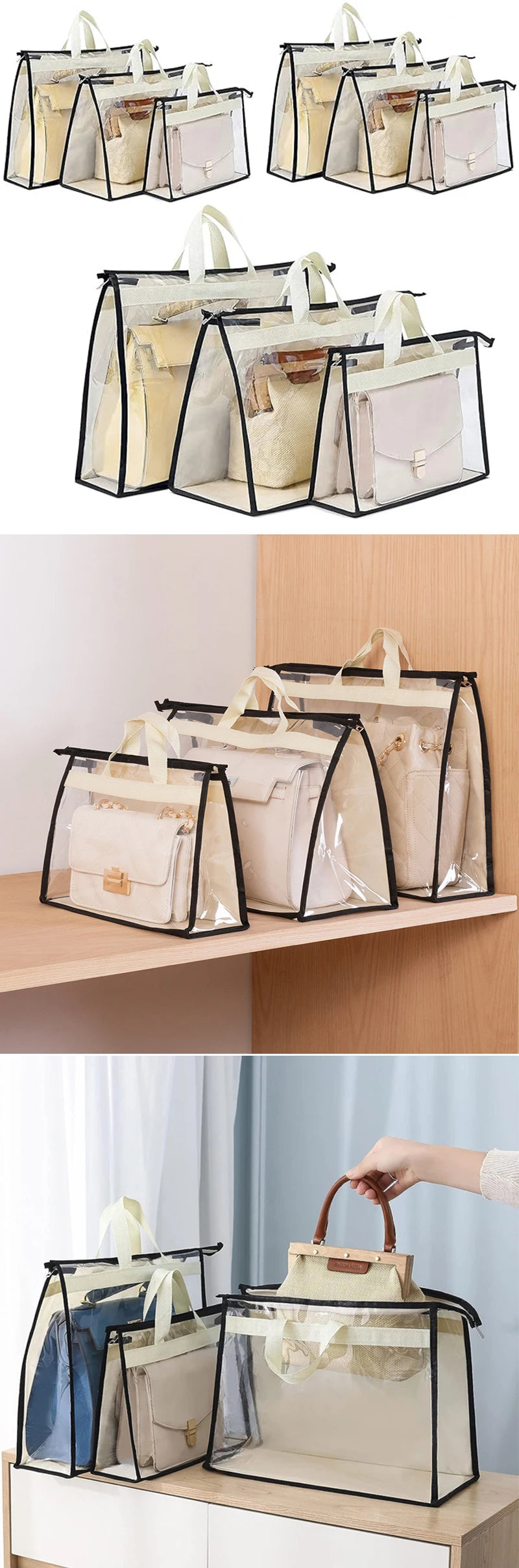 A set of clear and black dustproof storage bags for handbags displayed on a wooden shelf.