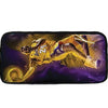 A black zippered pouch featuring a graphic of a soccer player in a yellow and purple uniform.