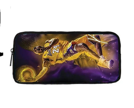 A black zippered pouch featuring a graphic of a soccer player in a yellow and purple uniform.