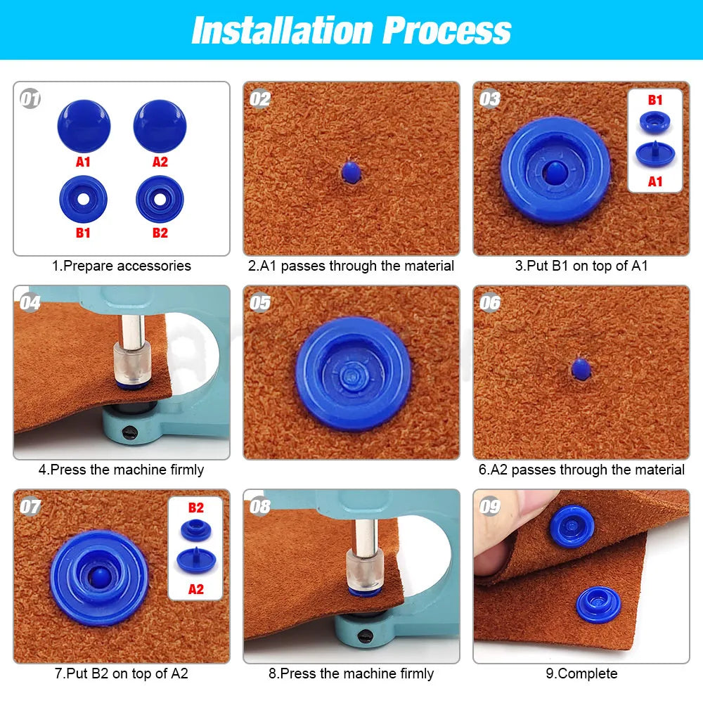 Installation process showing steps to attach resin buttons onto fabric using a machine.