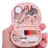 A pink portable DIY sewing box is shown open, containing various sewing tools and colored threads.