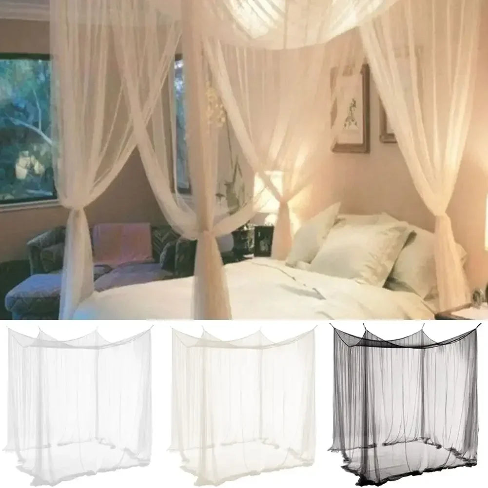 Queen size mosquito net canopy draped over a bed, featuring sheer white and black netting.