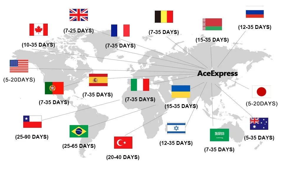 A world map showing various international shipping times for AceExpress services.