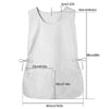 A white polyester apron shown flat, displaying measurements and detailing the front pocket.