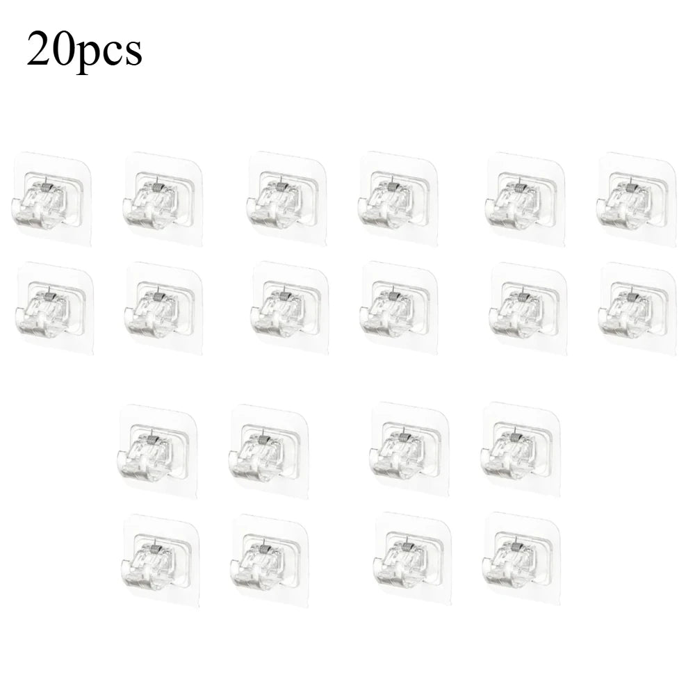 A set of 20 self-adhesive curtain rod clips designed for mounting on windows and walls.