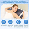 A woman is shown using an ergonomic memory foam butterfly neck pillow on a white pillow.