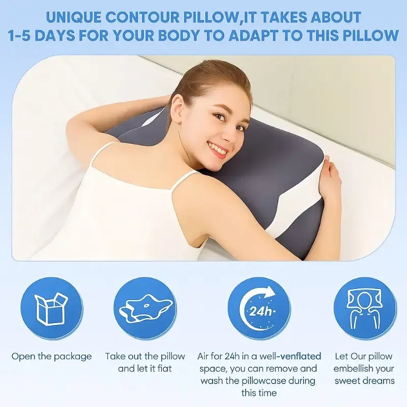 A woman is shown using an ergonomic memory foam butterfly neck pillow on a white pillow.