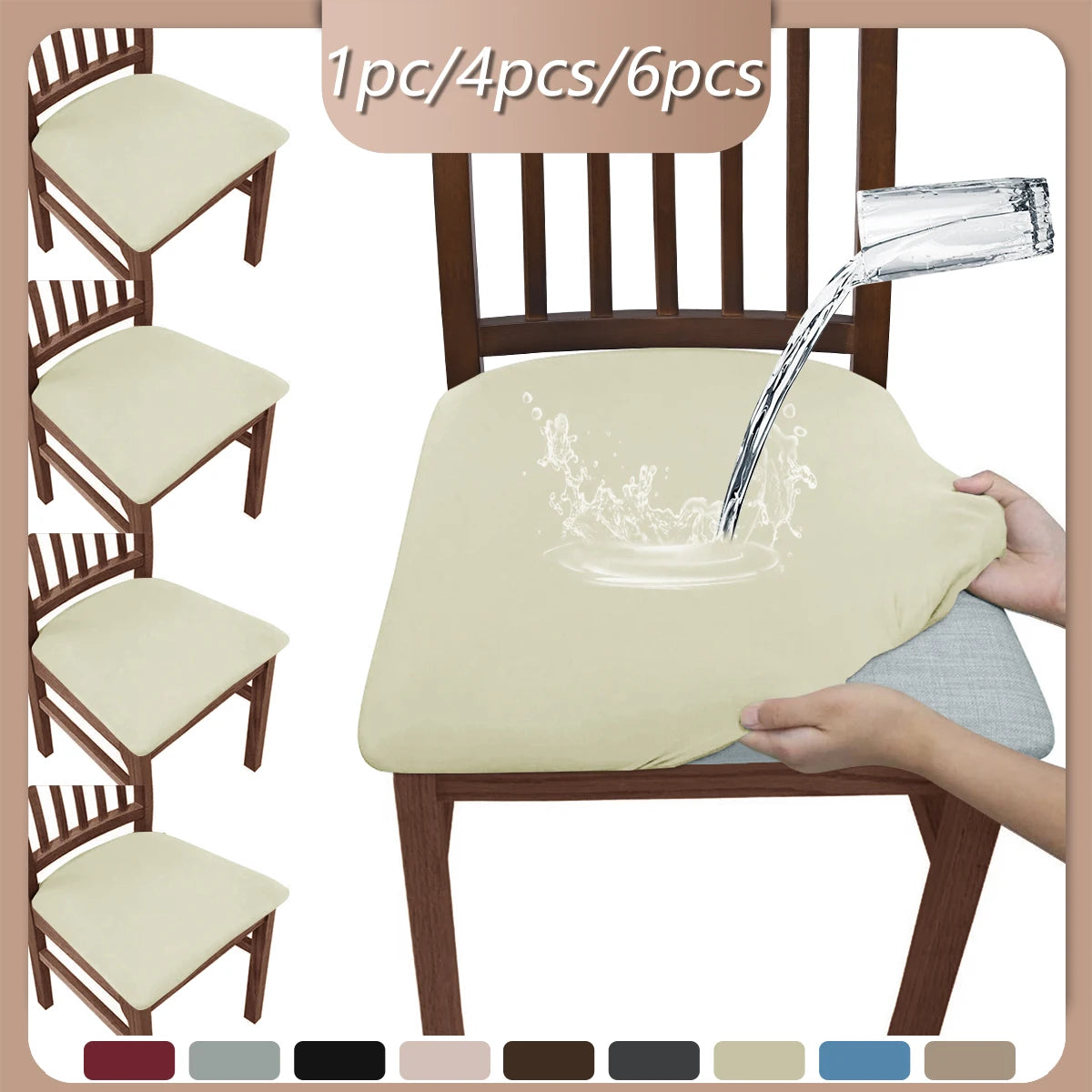 A light beige elastic bench cover is shown being used to pour water into a glass from a wooden chair.