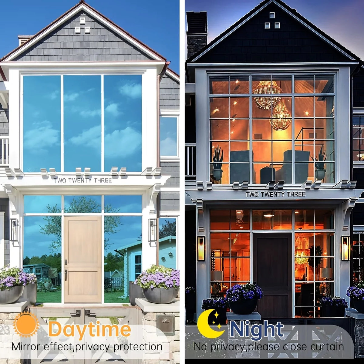 Side-by-side comparison of a daytime and nighttime view of a window with reflective mirror film installed for privacy.