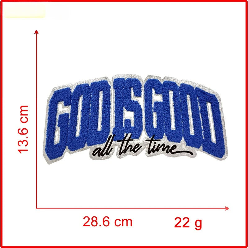 Blue embroidered patch with the text GODISGOOD all the time on a white background.