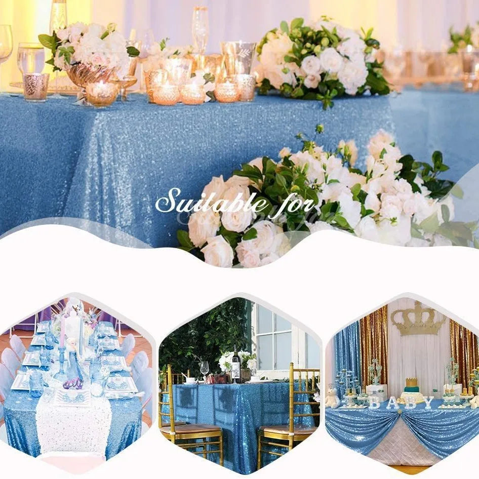 Blue sequin rectangle table cover with gold accents and floral decorations for a party setting