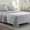 A gray luxury microfiber 4-piece bed sheet set with deep pockets displayed on a bed.