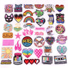 A collection of colorful embroidered letter patches featuring words like LOVE, JUST, and SUGAR for jackets and clothing.
