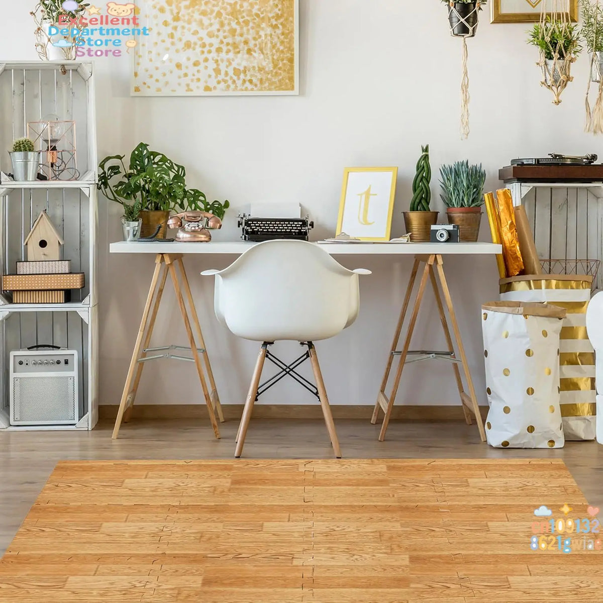 A light wood floor with a white desk featuring a modern chair and potted plants.