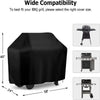 Black waterproof BBQ grill cover shown with size options for wide compatibility.