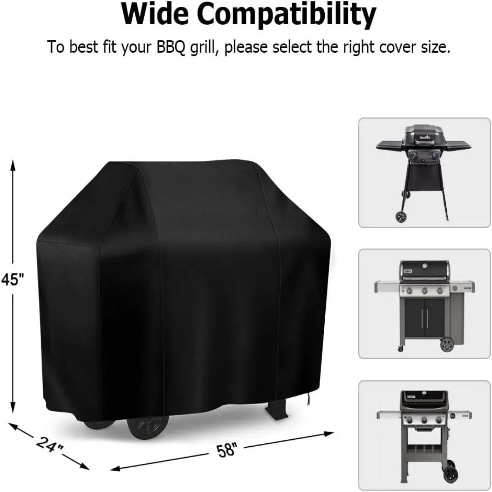 Black waterproof BBQ grill cover shown with size options for wide compatibility.