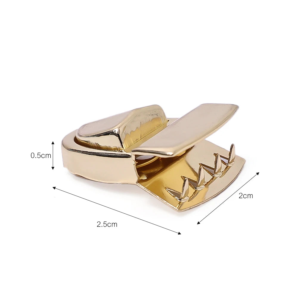 A set of five gold-toned metal bag lock clasps for handbags and totes shown with dimension lines.