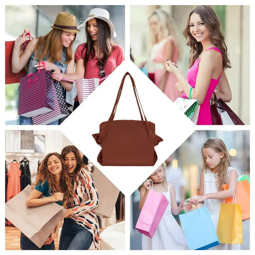 A collection of women carrying various colorful foldable tote bags for travel and picnic.