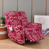 A deep red floral print recliner and sofa slipcover set displayed on a wooden floor.